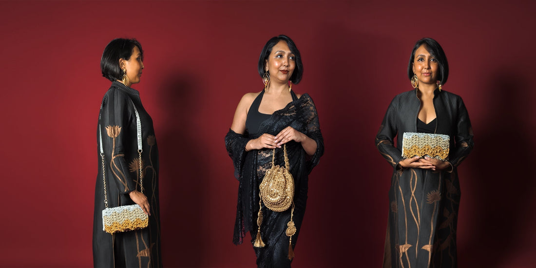 Model carrying a crochet potli, sling bag and clutch for an Indian wedding bag comparison