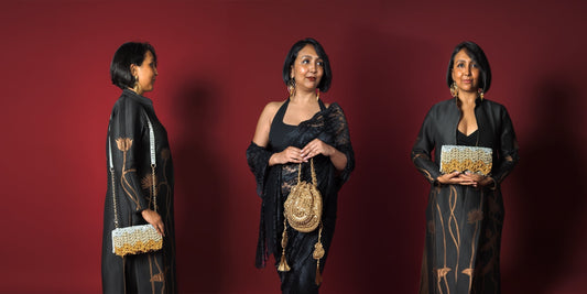 Model carrying a crochet potli, sling bag and clutch for an Indian wedding bag comparison